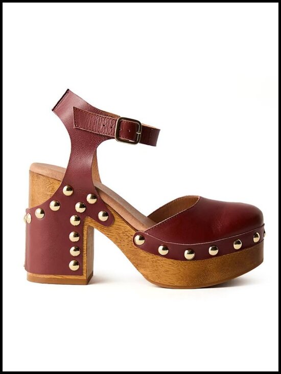 Shoes - Studded Platform Clogs for Women - Chunky Heel Ankle Strap Closed Toe Leather